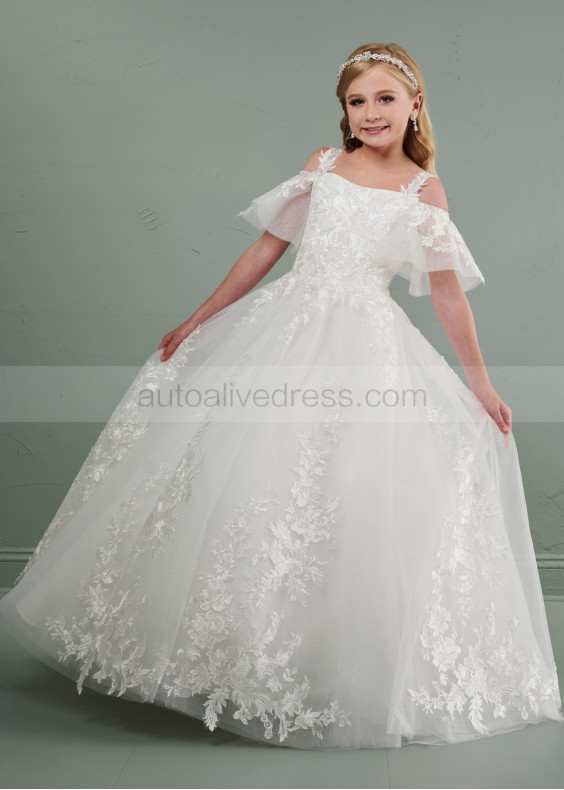 Cold Shoulder Ivory Lace Glitter Tulle Newest Flower Girl Dress